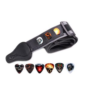 Correa De Guitarra Y Bajo + 6 Uñetas De Calaveras